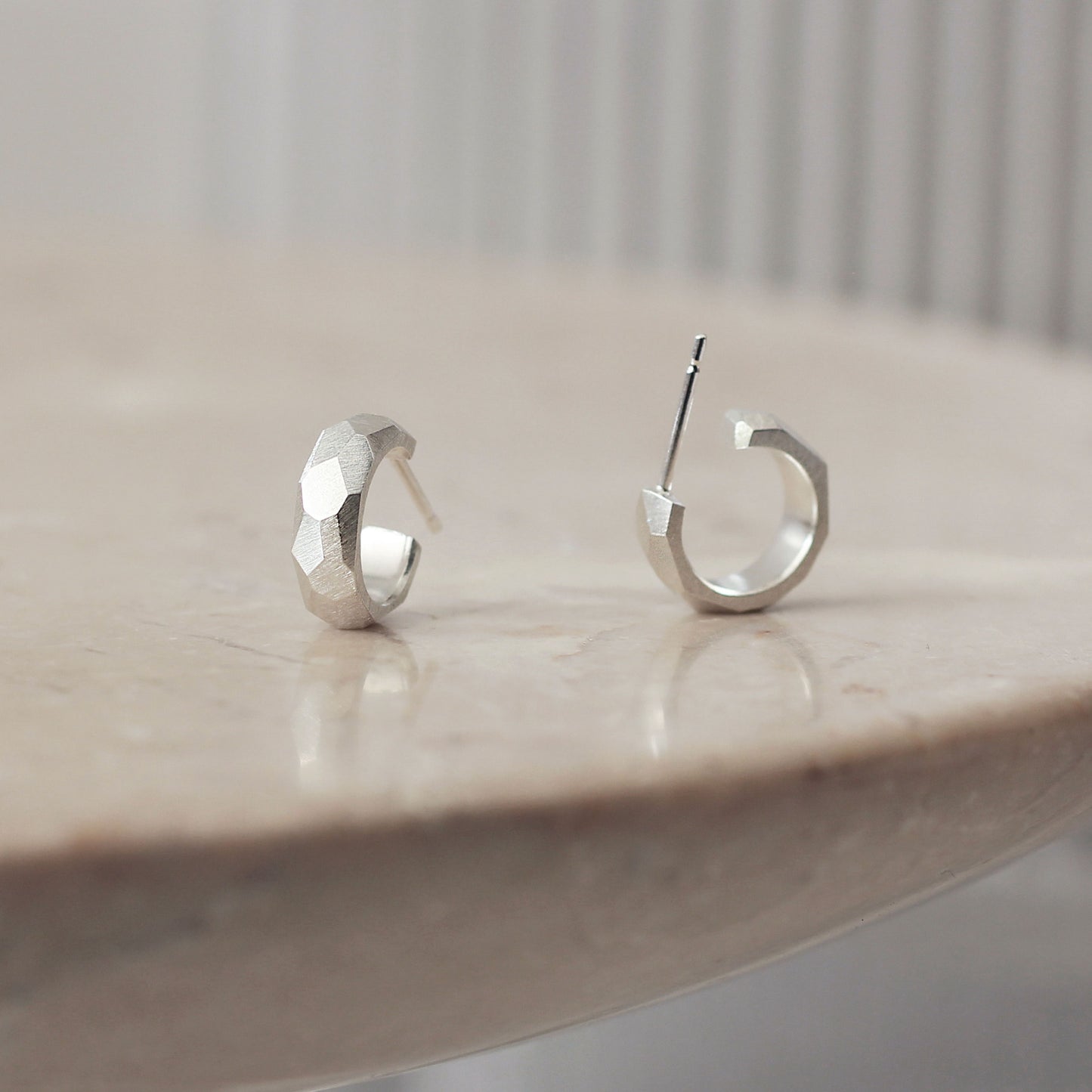 Geometric Faceted Large Open Hoop Earrings - Silver