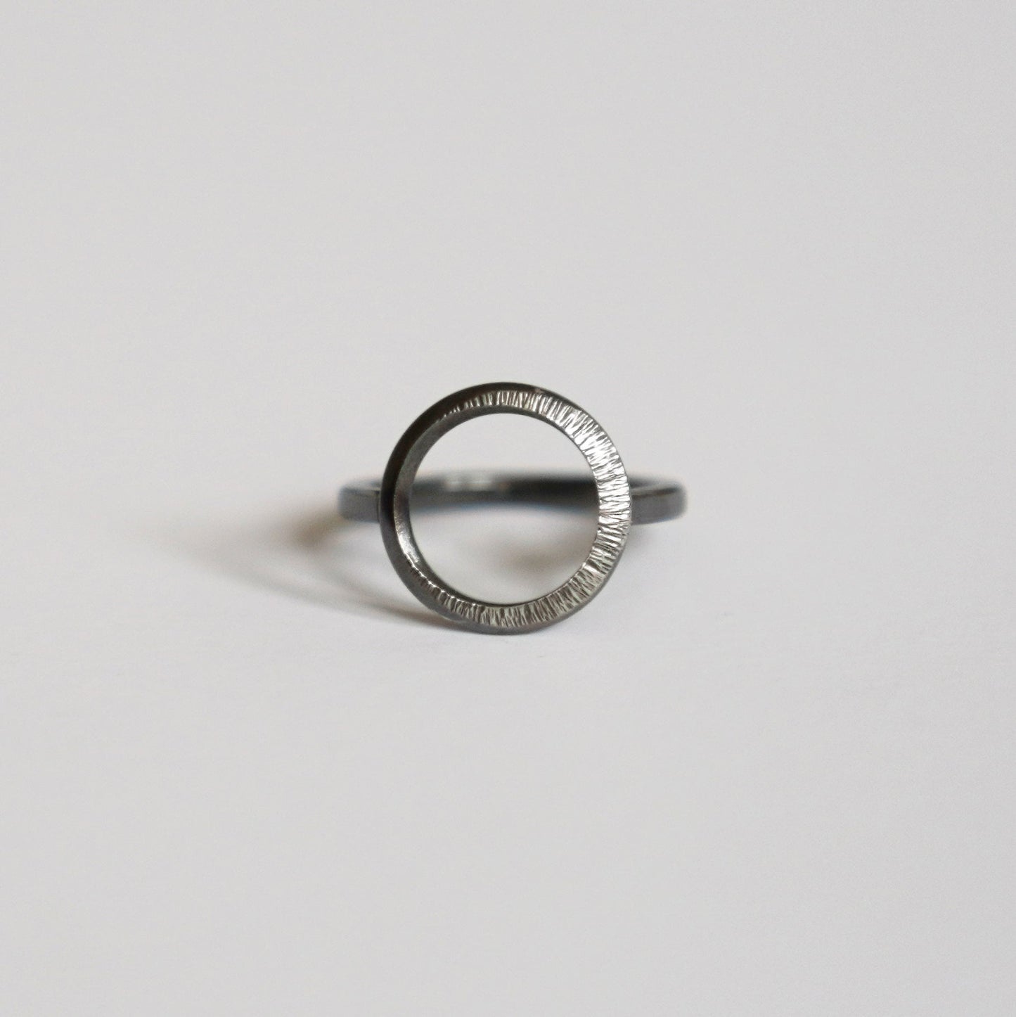 Crescent Moon Hammered Circle Ring - Oxidised Silver - Aisling Chou Studio