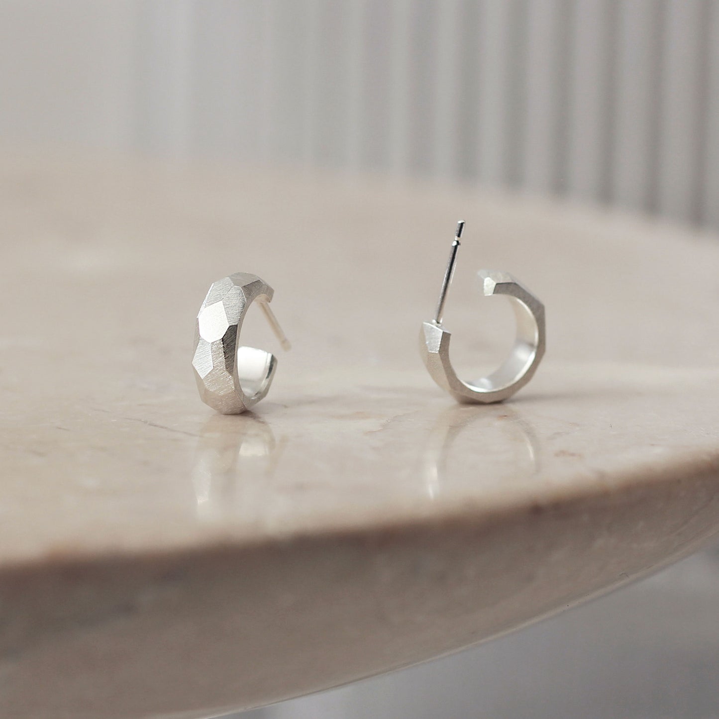 Geometric Faceted Large Open Hoop Earrings - Silver