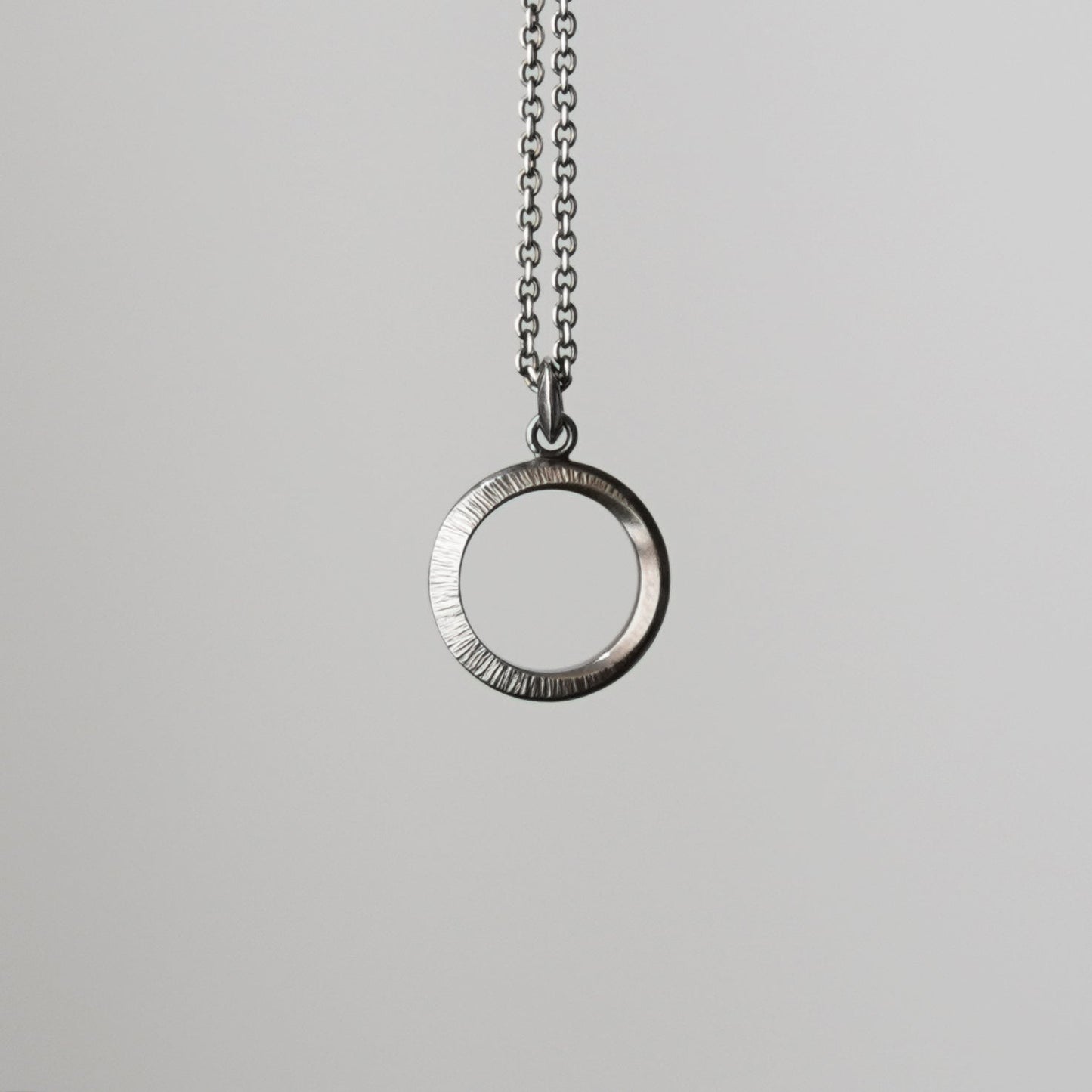 Crescent Moon Hammered Circle Necklace - Oxidised Silver - Aisling Chou Studio