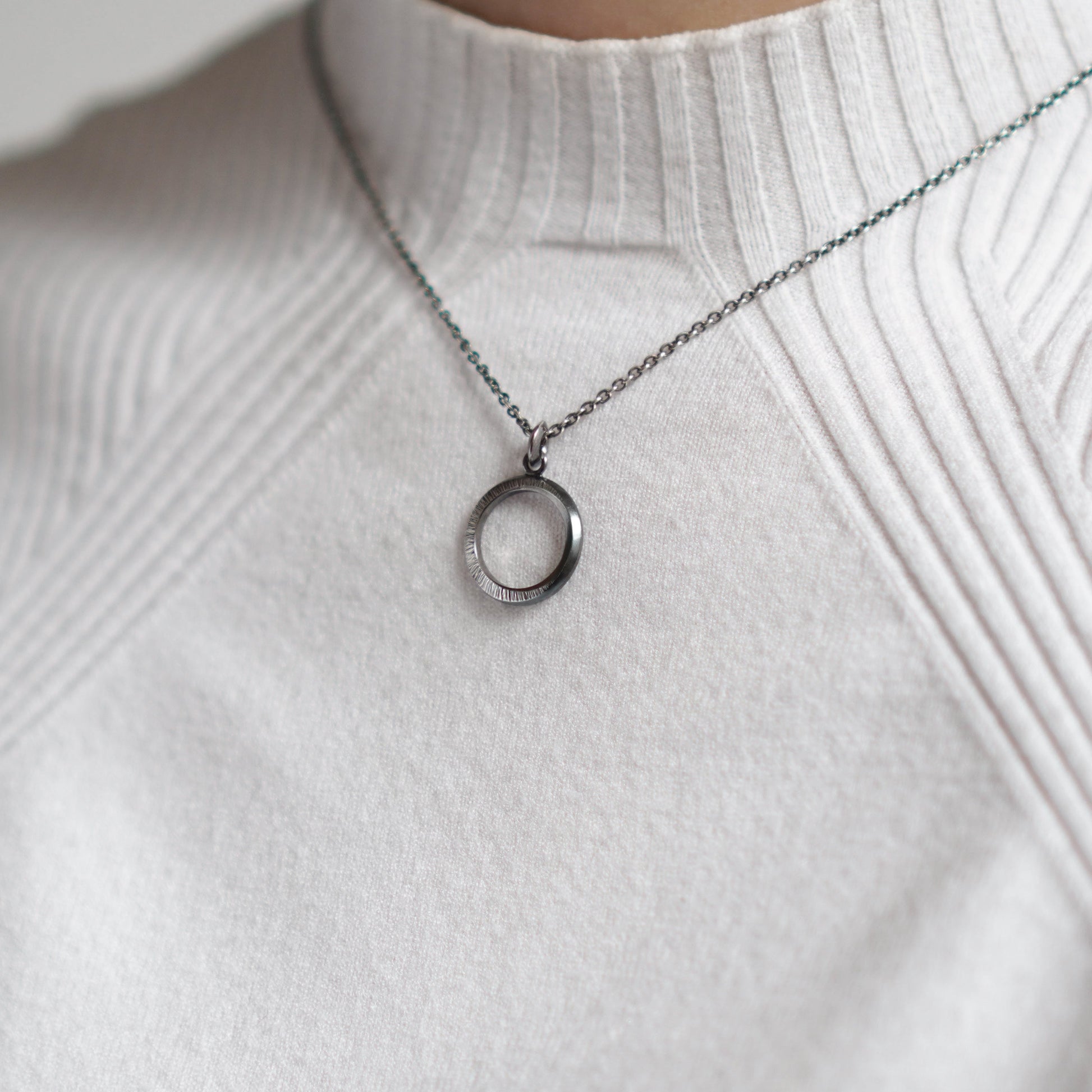 Crescent Moon Hammered Circle Necklace - Oxidised Silver - Aisling Chou Studio