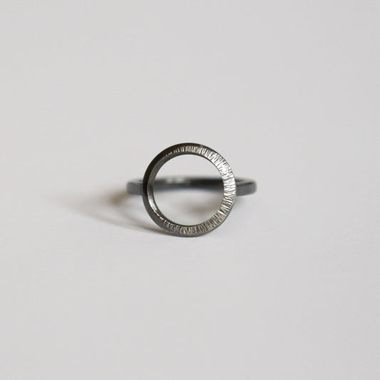 Crescent Moon Hammered Circle Ring - Oxidised Silver - Aisling Chou Studio