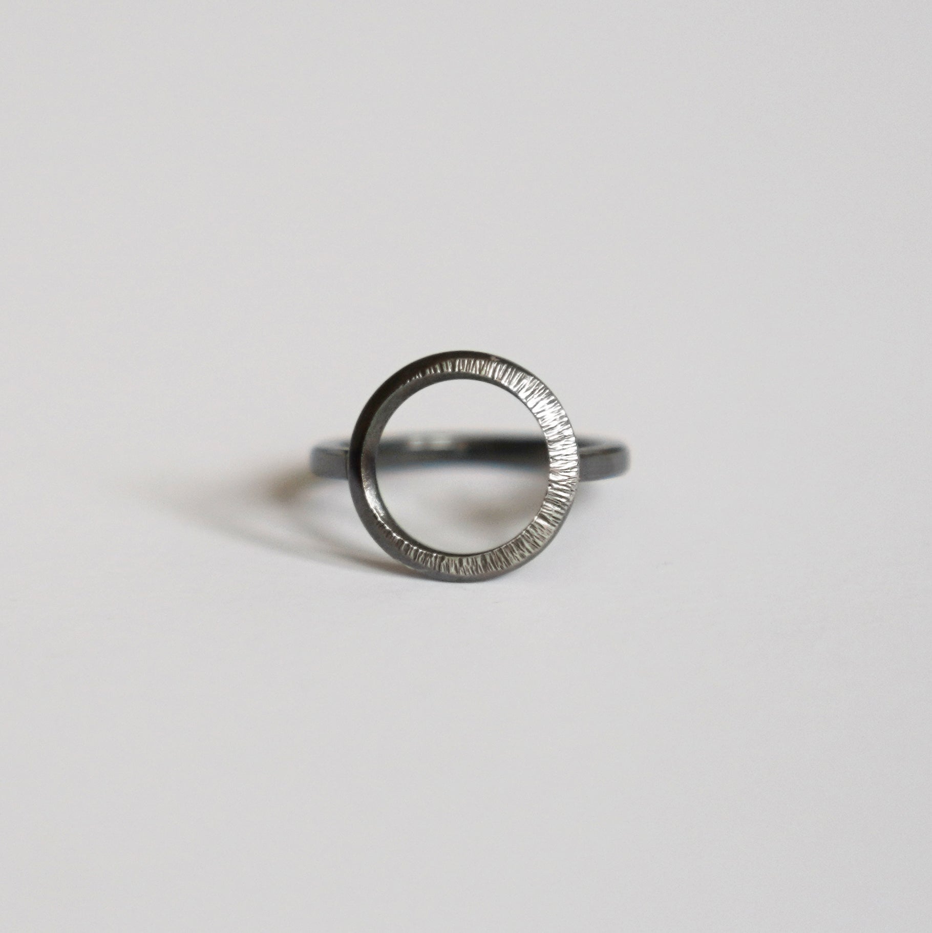 Crescent Moon Hammered Circle Ring - Oxidised Silver - Aisling Chou Studio