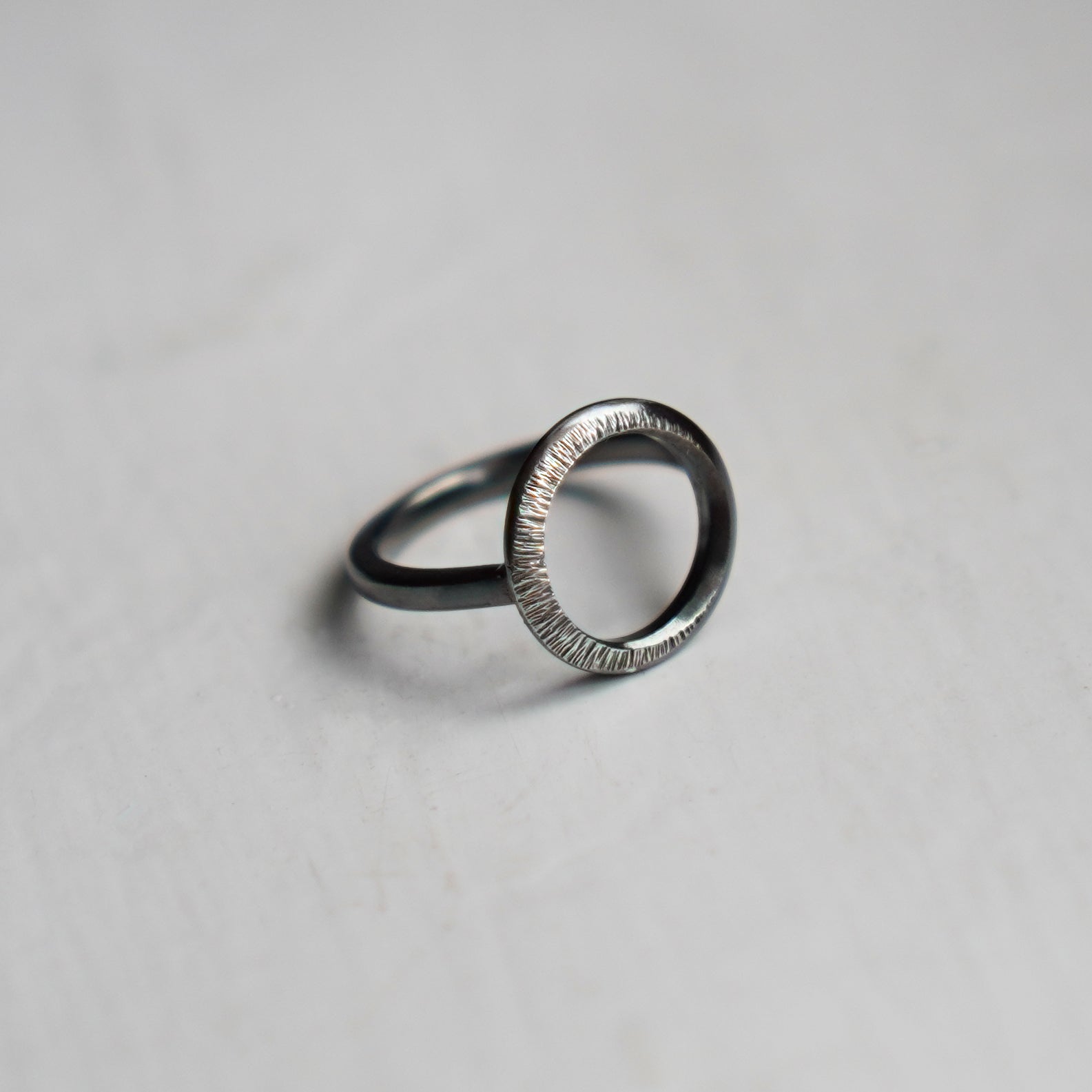 Crescent Moon Hammered Circle Ring - Oxidised Silver - Aisling Chou Studio