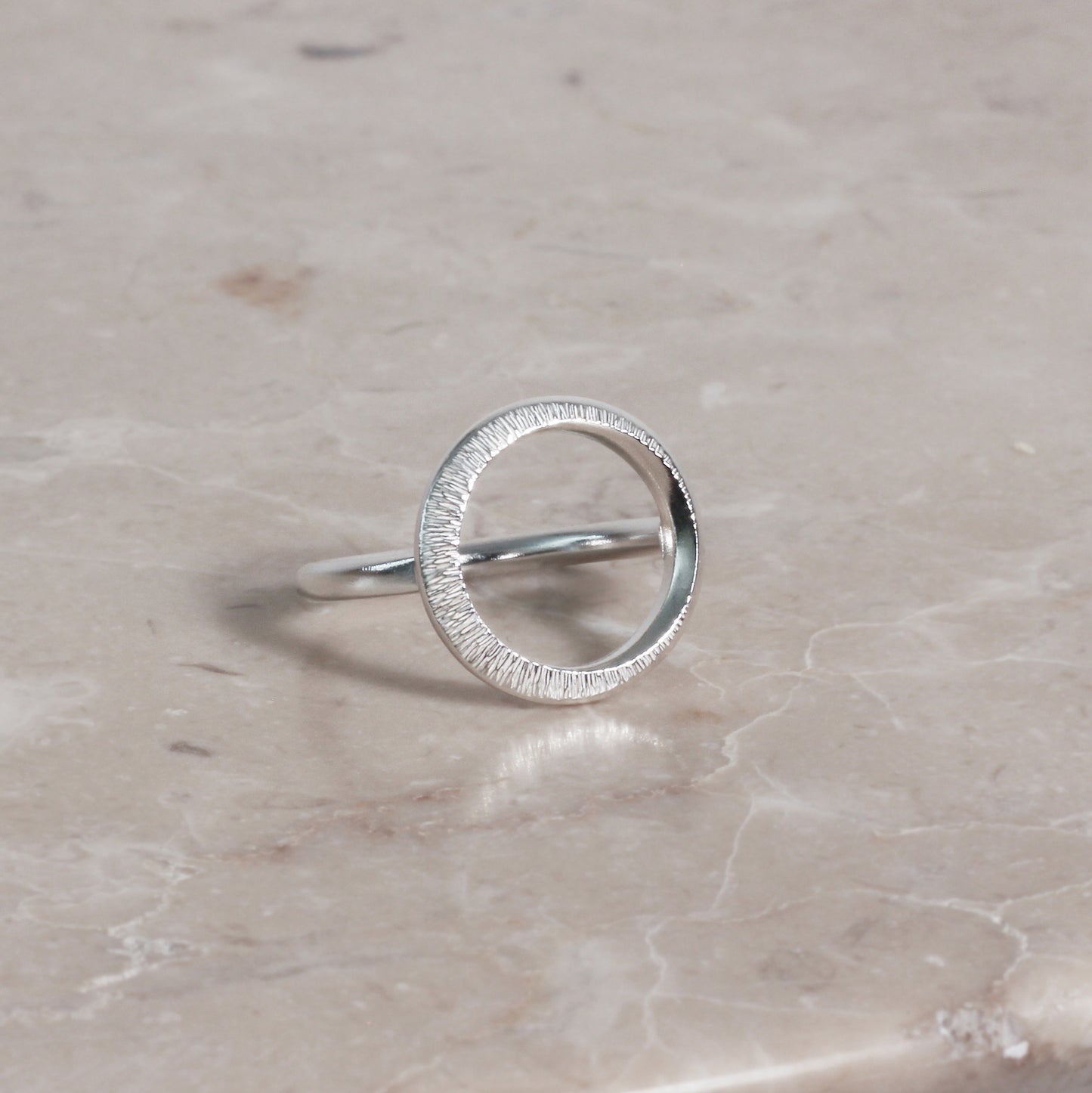Crescent Moon Hammered Circle Ring - Silver