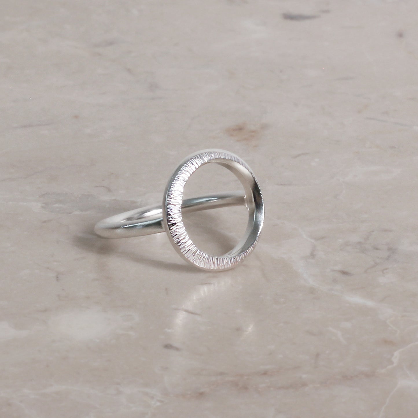 Crescent Moon Hammered Circle Ring - Silver