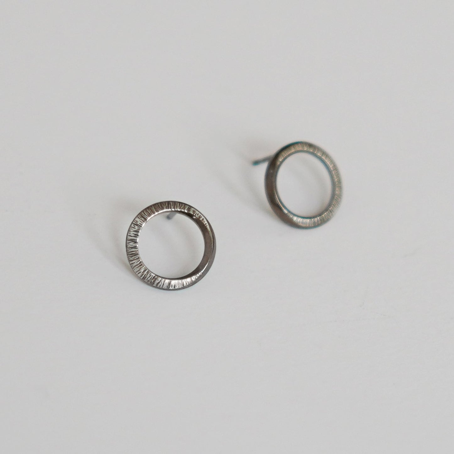 Crescent Moon Hammered Circle Stud Earrings - Oxidised Silver - Aisling Chou Studio