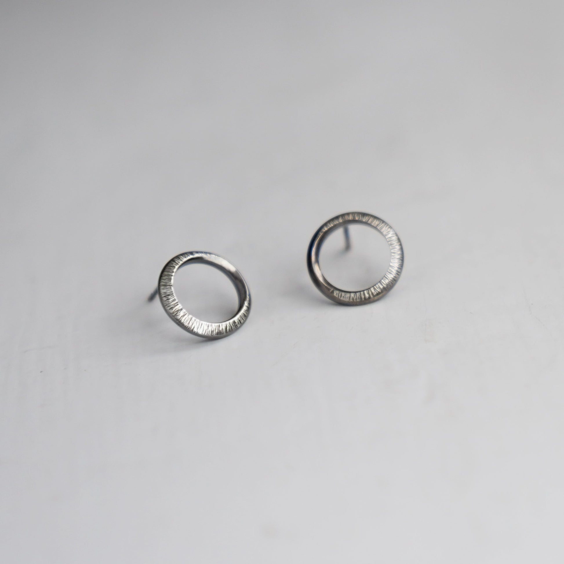 Crescent Moon Hammered Circle Stud Earrings - Oxidised Silver - Aisling Chou Studio