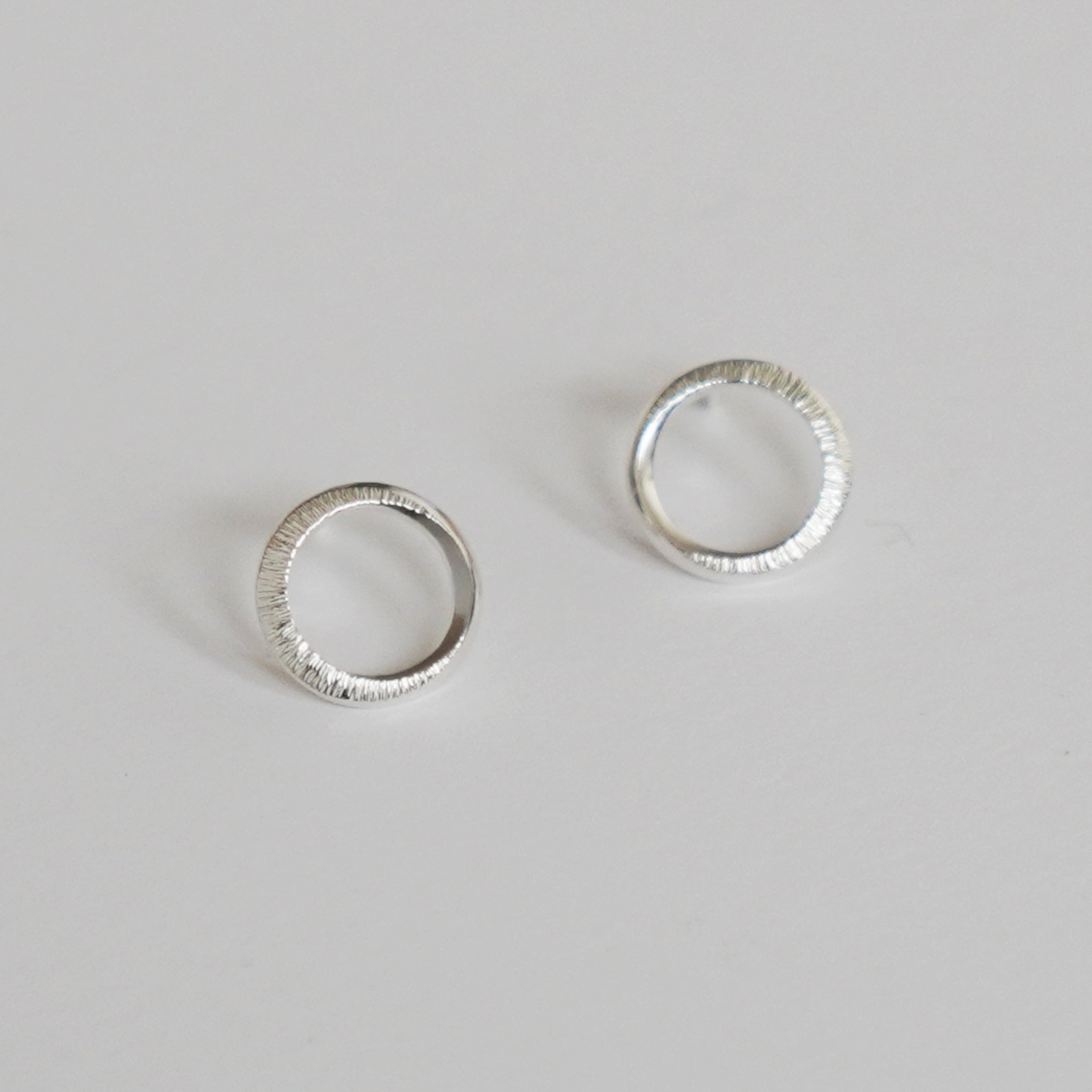 Crescent Moon Hammered Circle Stud Earrings - Silver - Aisling Chou Studio