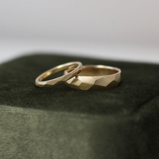 Geometric Faceted Ring - 9ct/18ct Gold, 2mm and 5mm width on top of a velvet box - Aisling Chou Studio